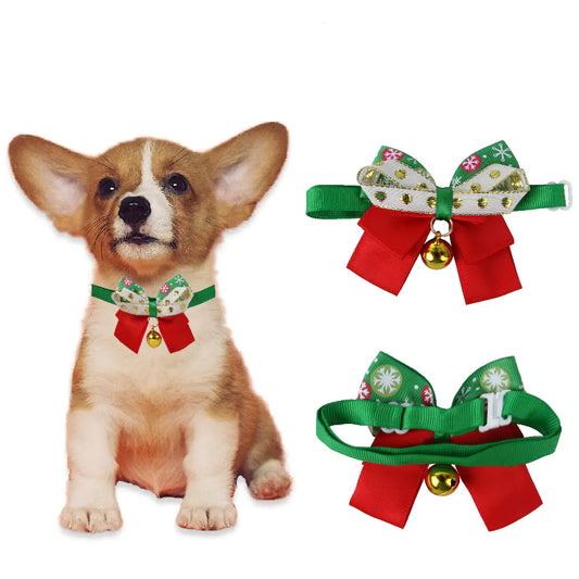 Christmas Dog Collar with Bow and Bell Decoration